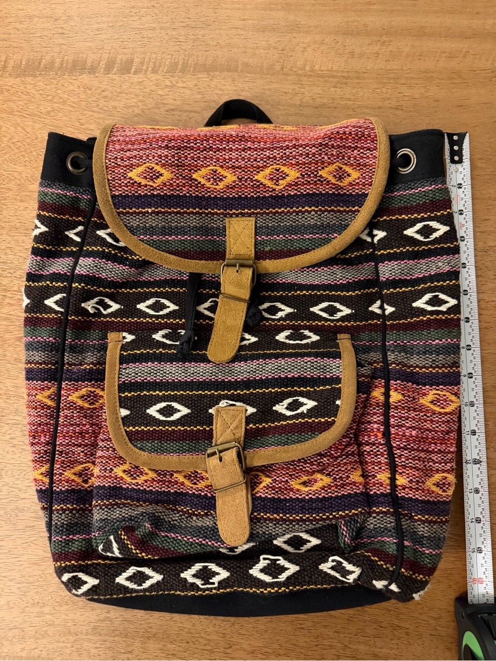 Boho Patterned Multi-Color Canvas Backpack with Tan Trim - Picture 2 of 7